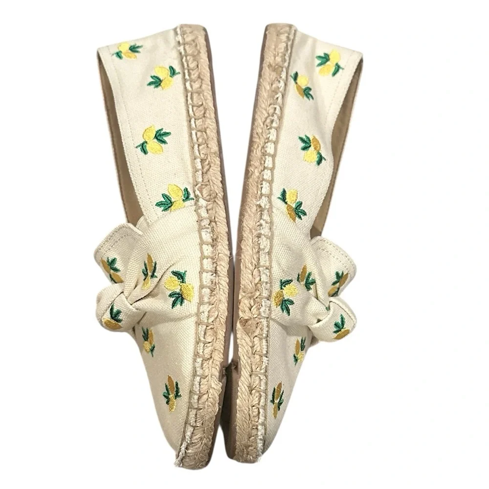 Talbots Izzy Lemon Knotted Canvas Cream Flat Espadrilles Embroidery Shoes 6.5